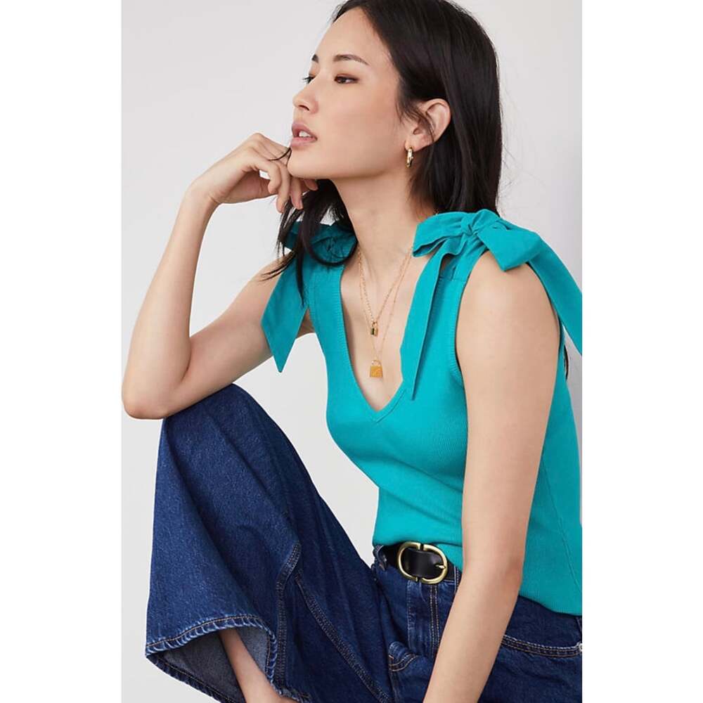 Anthropologie Maeve Rafaela Bow Tie Tank Top Small Teal Green Ribbed V Neck